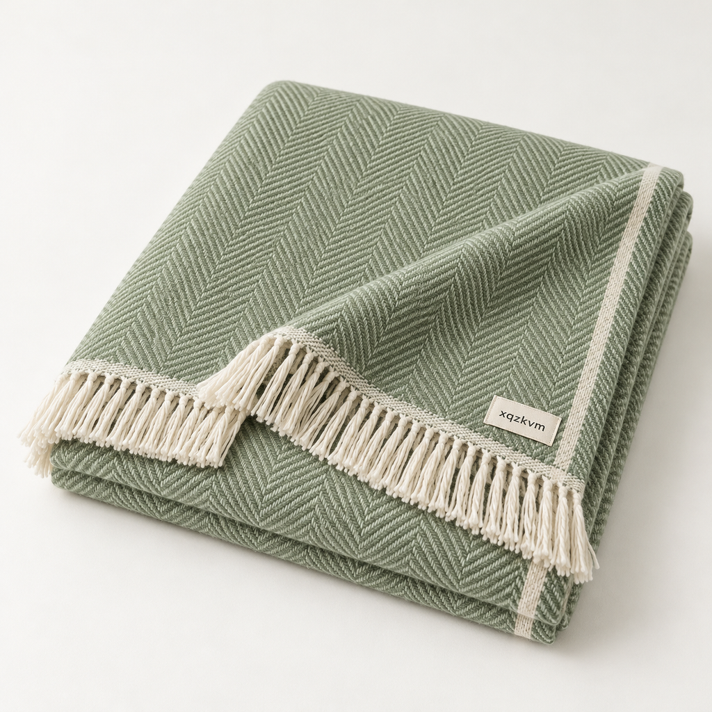 XQZKVM Sage Herringbone Fringe Throw