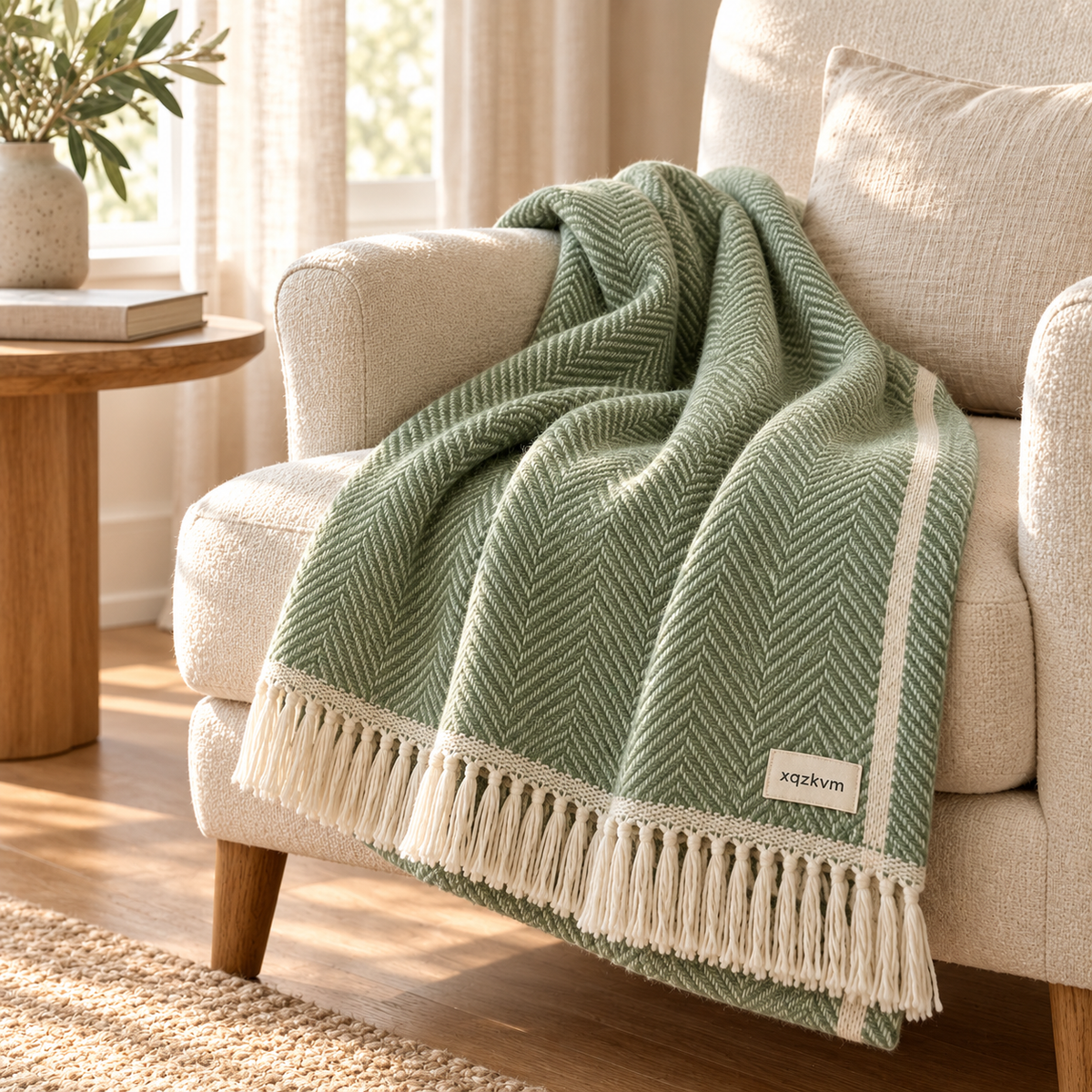 XQZKVM Sage Herringbone Fringe Throw