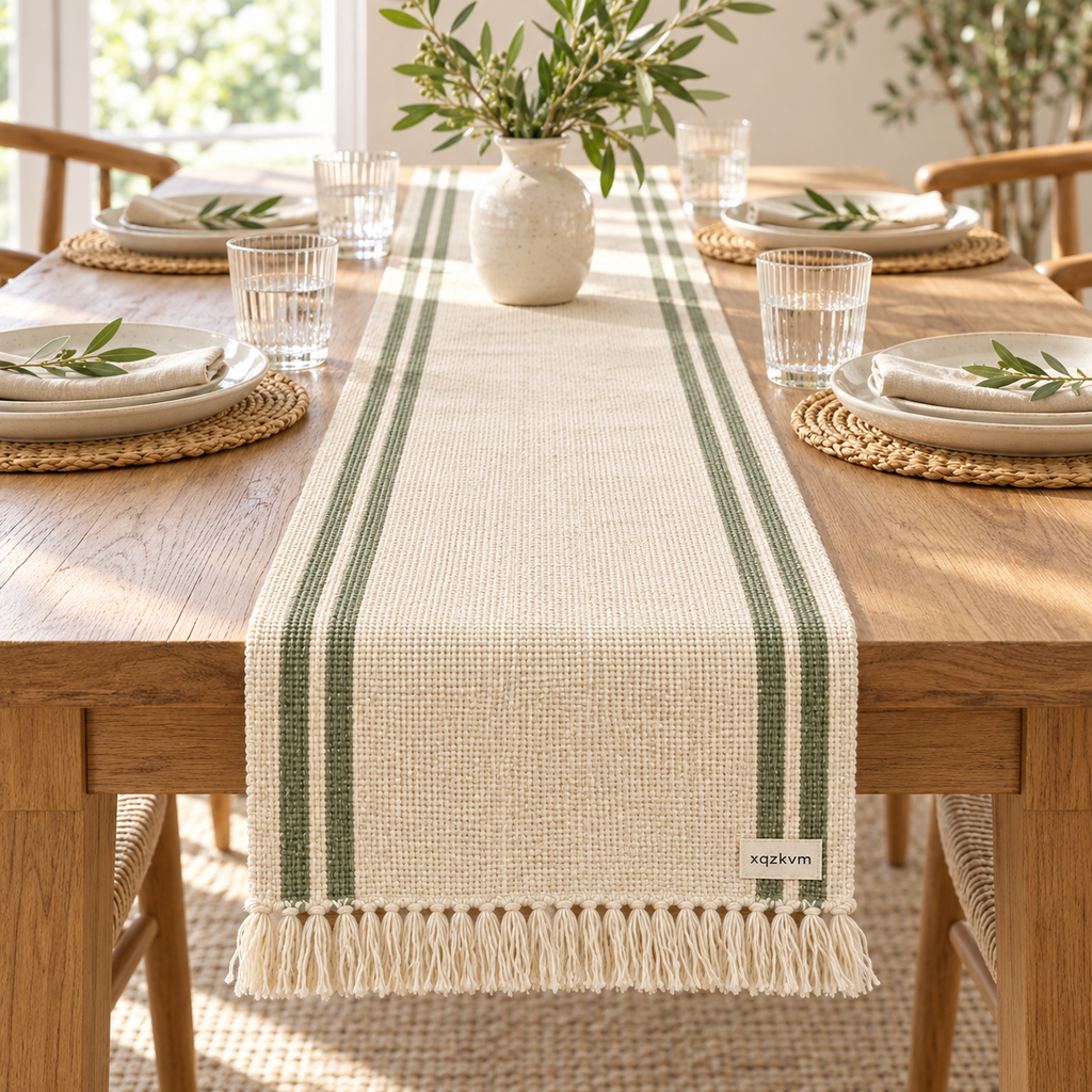 XQZKVM Sage Border Woven Table Runner